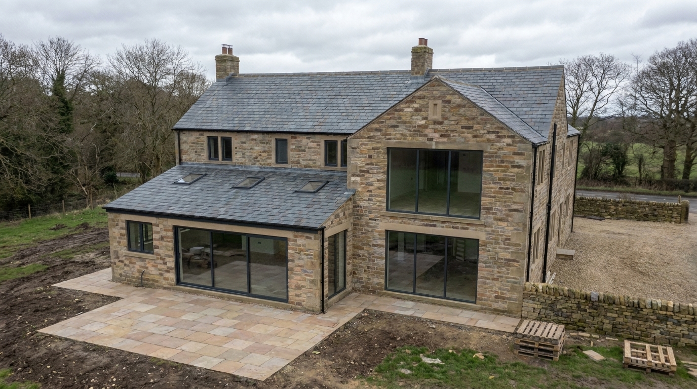 Substantial natural stone new-build country home with slate roof, twin chimneys, full-height aluminium glazing and a newly laid Indian sandstone patio.