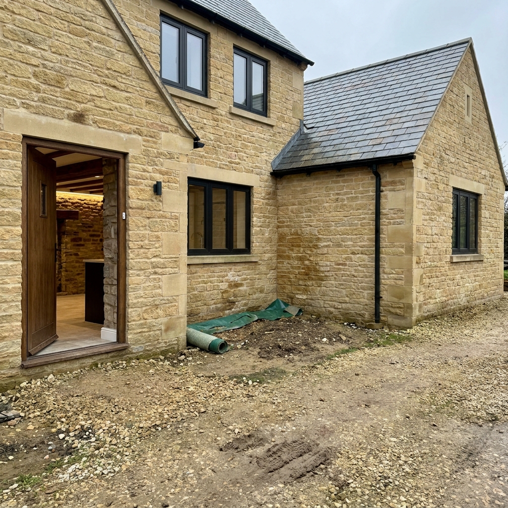 Newly completed Cotswold-style natural stone home with slate gable, oak entrance door and anthracite windows before landscaping.