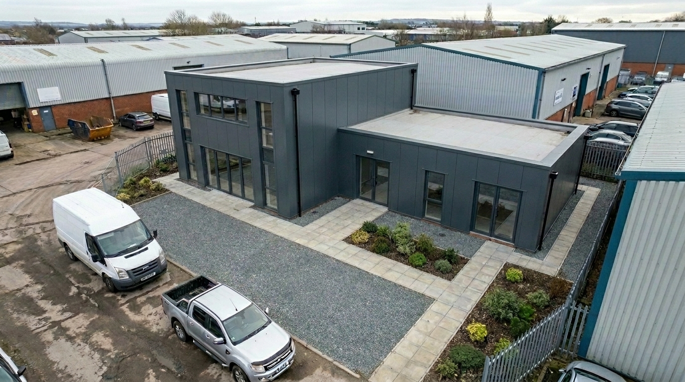 Completed two-storey commercial office finished in dark grey cladding with paved approach, gravel forecourt and landscaped planting beds.