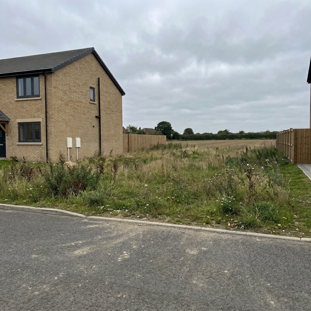 Cleared self-build plot beside a completed buff brick new-build home, ready for groundworks and foundations.