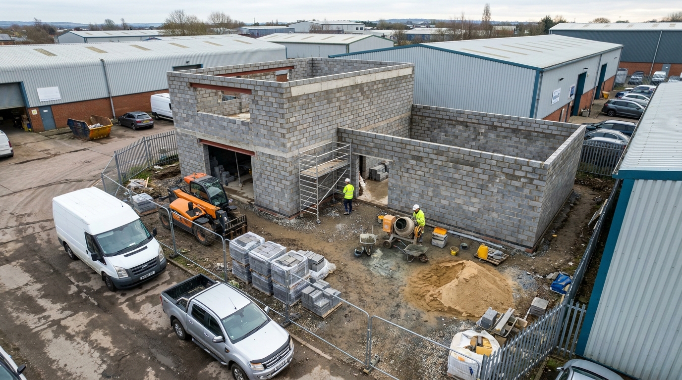 Aerial view of a commercial unit shell mid-construction in concrete blockwork with scaffold, telehandler and a mixer on site.