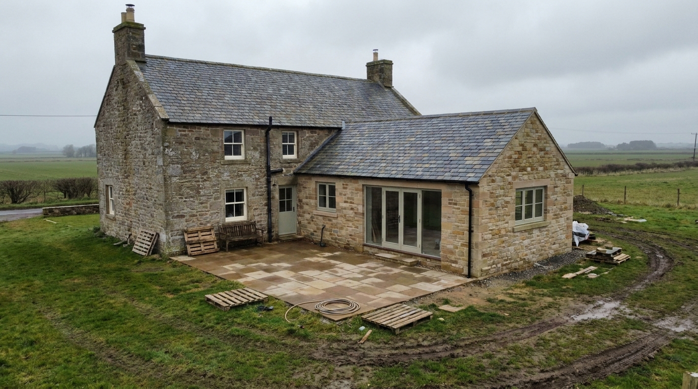 Traditional Northumberland stone farmhouse with a new single-storey natural stone rear extension, slate roof, French doors and sandstone patio.