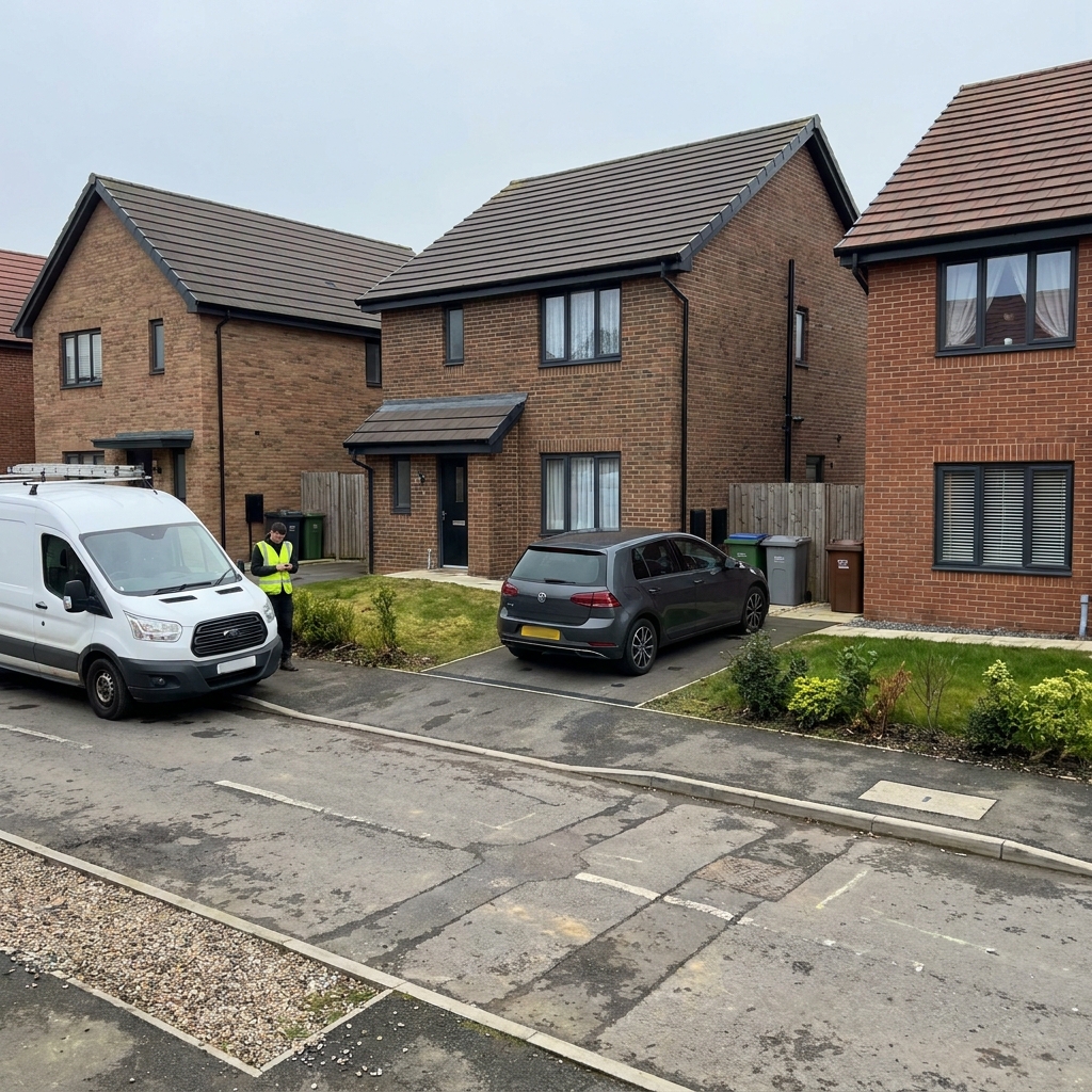 Street view of completed detached new-build homes in red brick with anthracite windows and finished driveways.