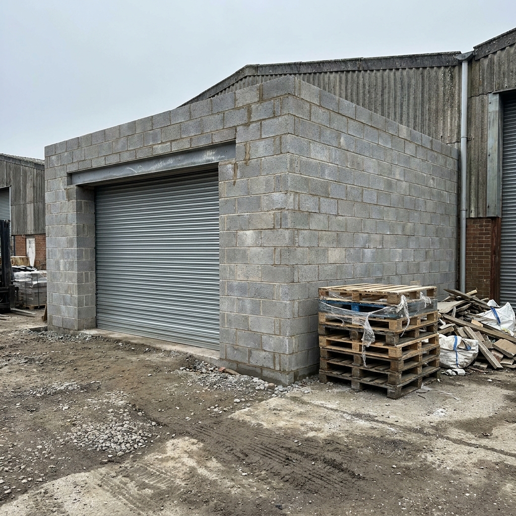 Newly built commercial unit shell in dense concrete blockwork with steel lintel and grey roller shutter door on an industrial estate.