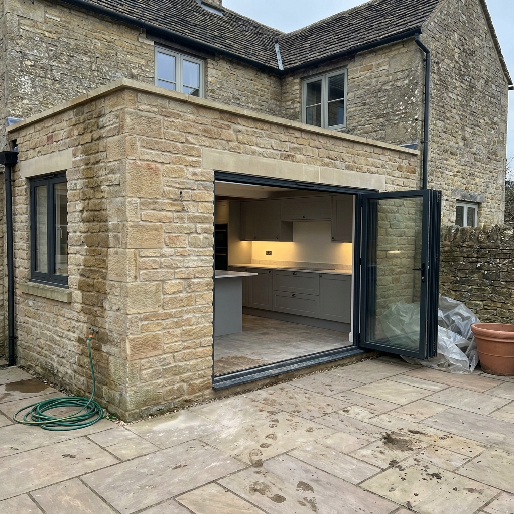 Completed single-storey natural stone rear extension with aluminium bifold doors, stone coping and a new sandstone patio outside a Cotswold-style home.