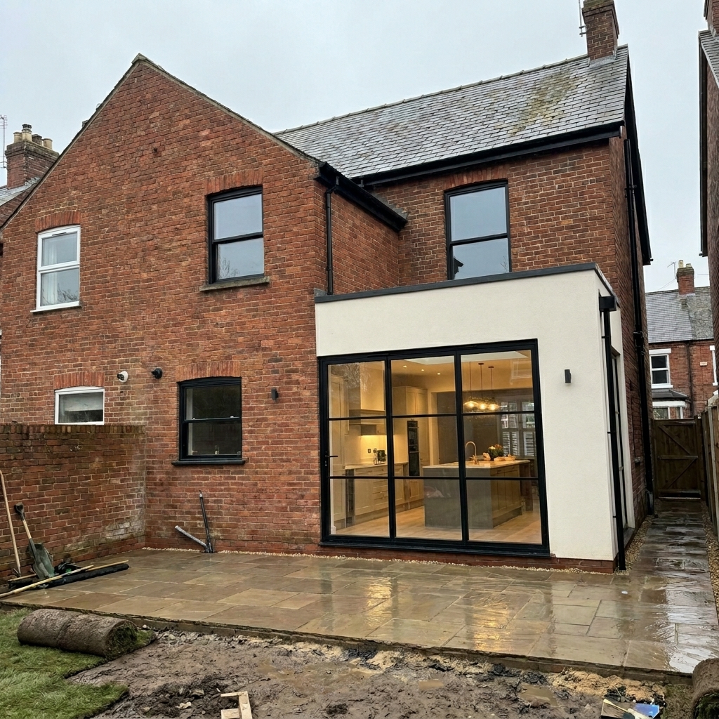 Completed rear extension to a Victorian red brick home with a white rendered gable, black Crittall-style sliding doors and Indian sandstone patio.