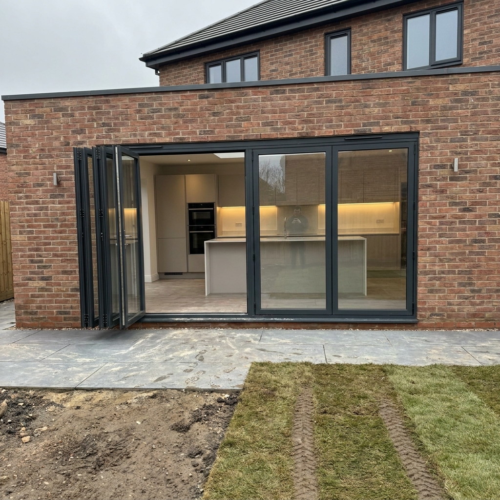 Completed single-storey red brick rear extension with aluminium bifold doors opening onto a grey porcelain patio and newly laid rolls of turf.