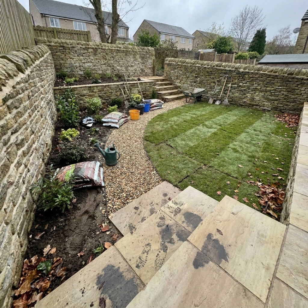 Complete rear garden landscaping with new natural stone retaining walls, sandstone patio steps, gravel path, planted borders and freshly laid rolls of turf.