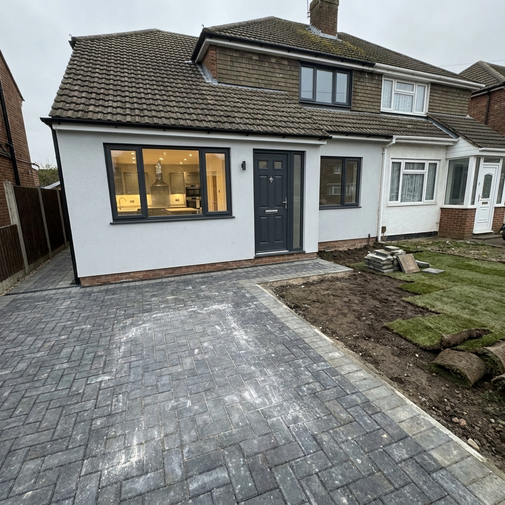 White rendered single-storey side extension with anthracite windows, composite door, new block-paved driveway and fresh turf being laid.