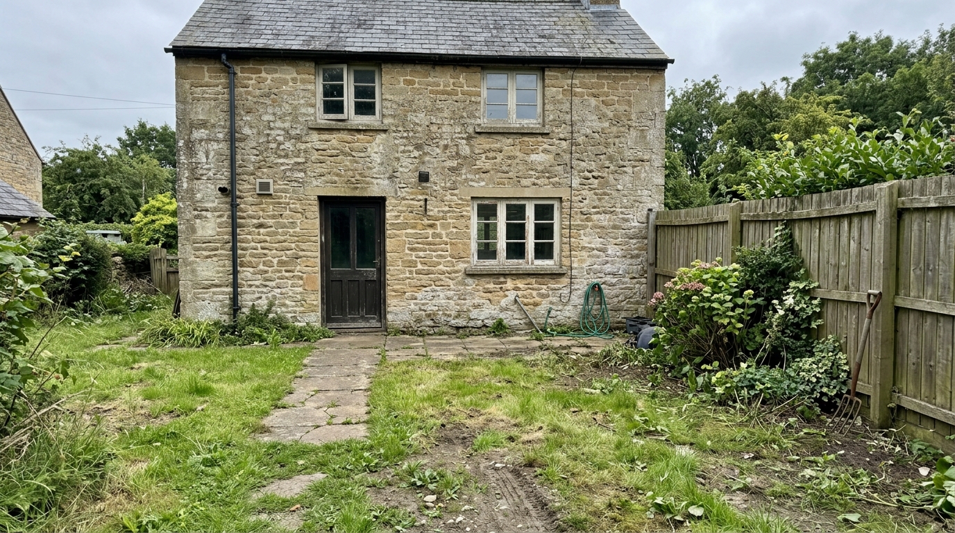 Traditional Cotswold stone cottage rear elevation with tired timber windows, weathered door and overgrown garden ahead of a full sympathetic renovation.