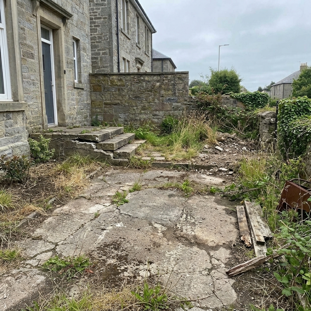 Derelict stone Scottish townhouse with broken sandstone steps, cracked flag paving and overgrown garden prior to full renovation.