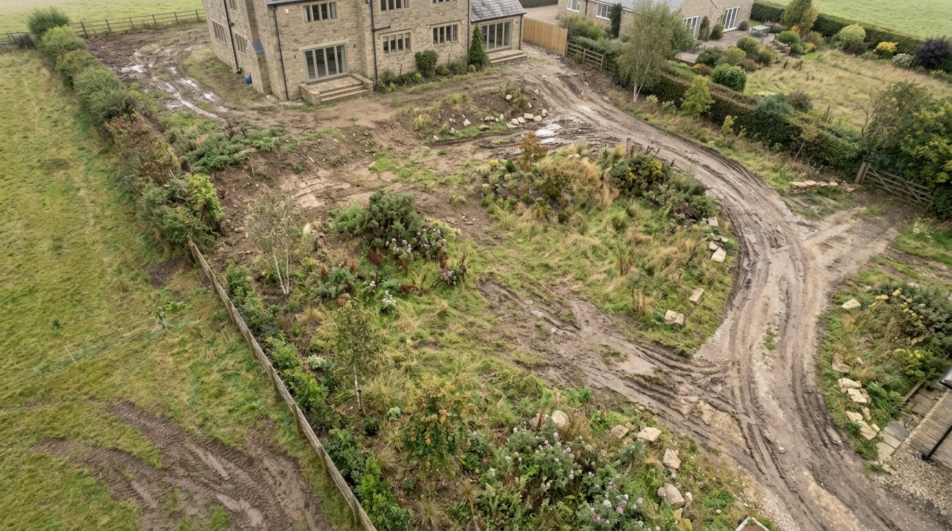 Aerial view of a large rural stone farmhouse with rear garden landscaping and stone retaining walls being formed across a sloped site.