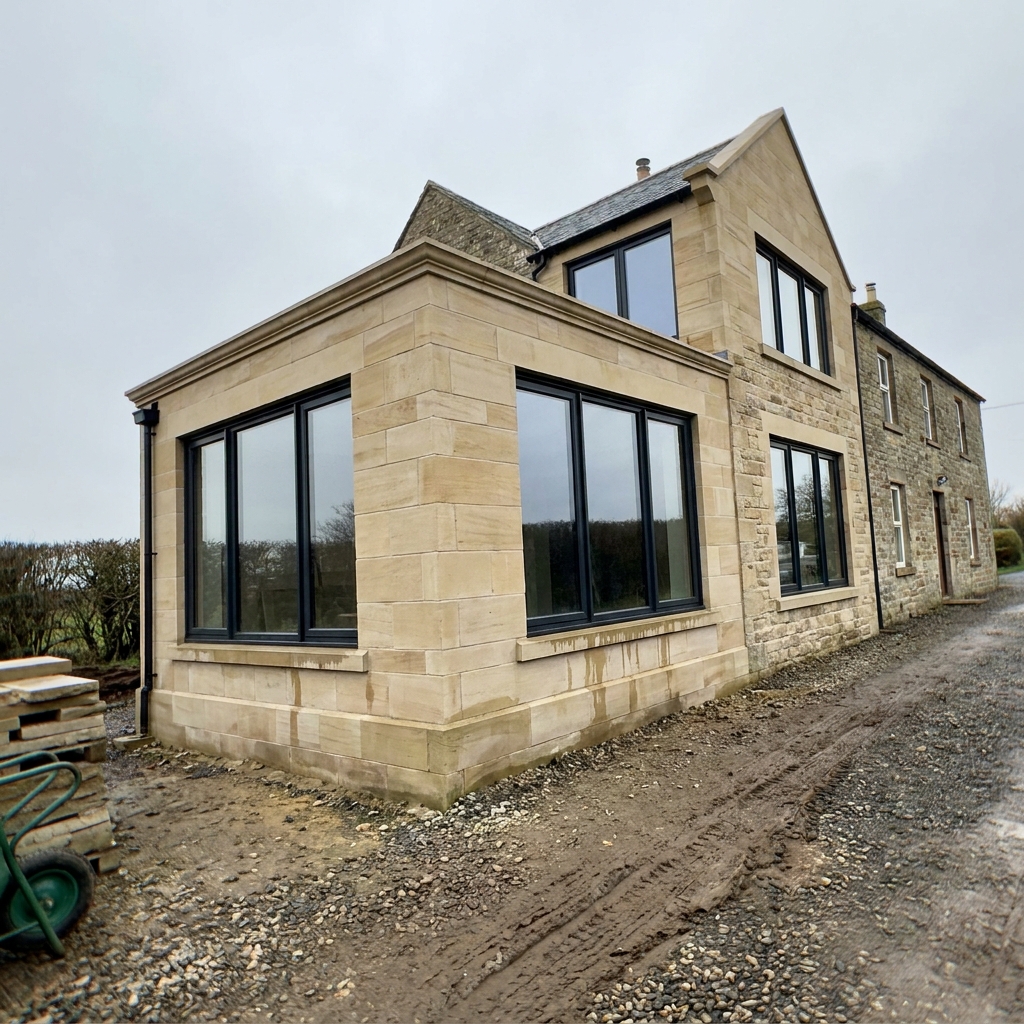 Newly built natural sandstone side extension on a traditional Northumberland stone farmhouse with full-height anthracite aluminium windows and ashlar quoins.