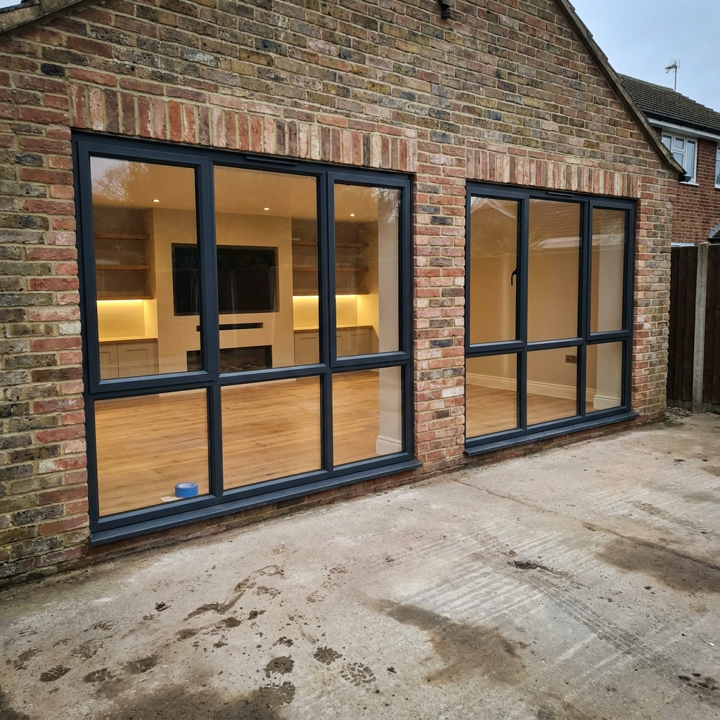 Completed reclaimed red brick rear extension with full-height anthracite aluminium windows revealing a finished media wall, oak flooring and integrated shelving inside.