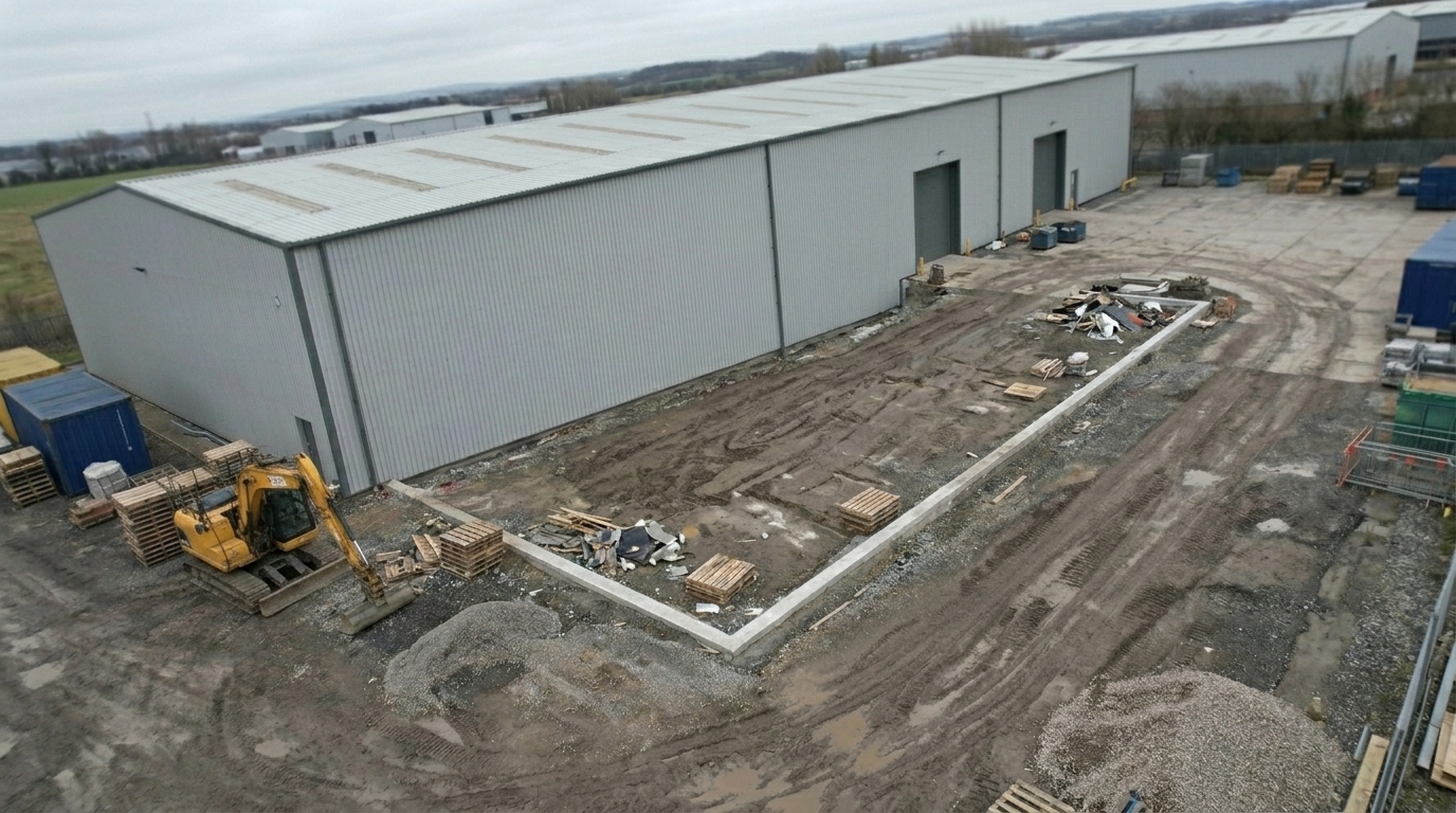 Aerial view of a new commercial unit extension with concrete strip foundations poured and blockwork ready to rise beside an existing steel-framed warehouse.