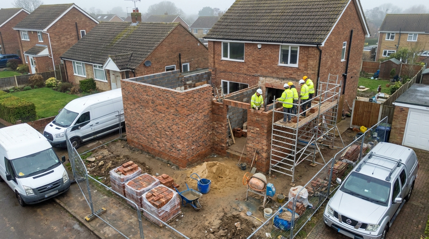 Two-storey red brick rear extension mid-construction with bricklayers working from scaffold on the gable elevation.