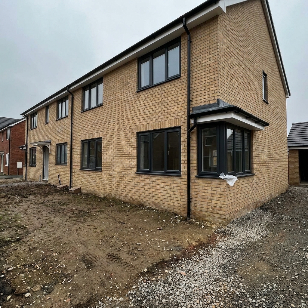 Completed buff brick two-storey new-build home with anthracite windows, feature bay and stone cills nearing final external finish.