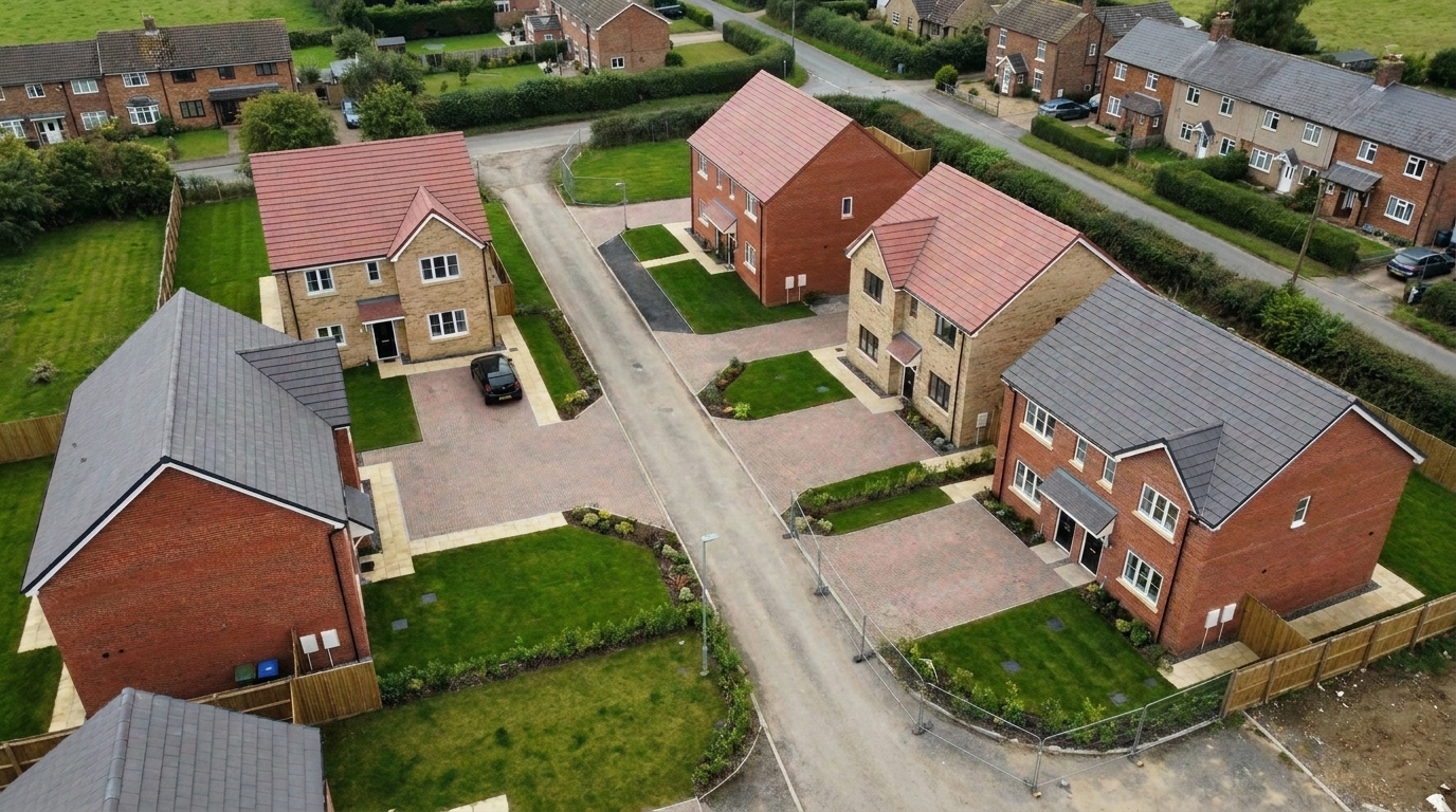 Aerial view of a completed new-build housing development with finished detached homes, block-paved driveways, paths and laid lawns.