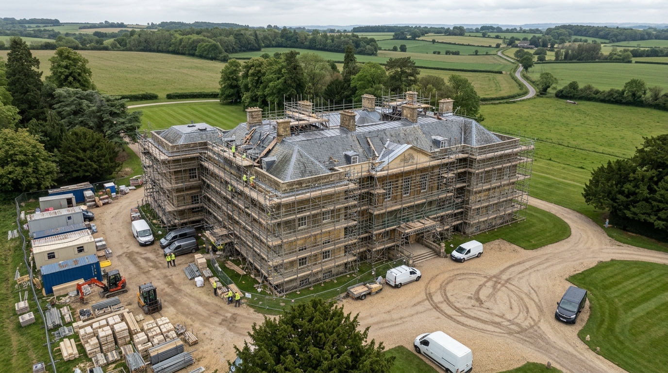 Aerial view of a Grade II listed country house wrapped in scaffolding during a full slate roof renewal, lead flashing and stone repair project set in open countryside.