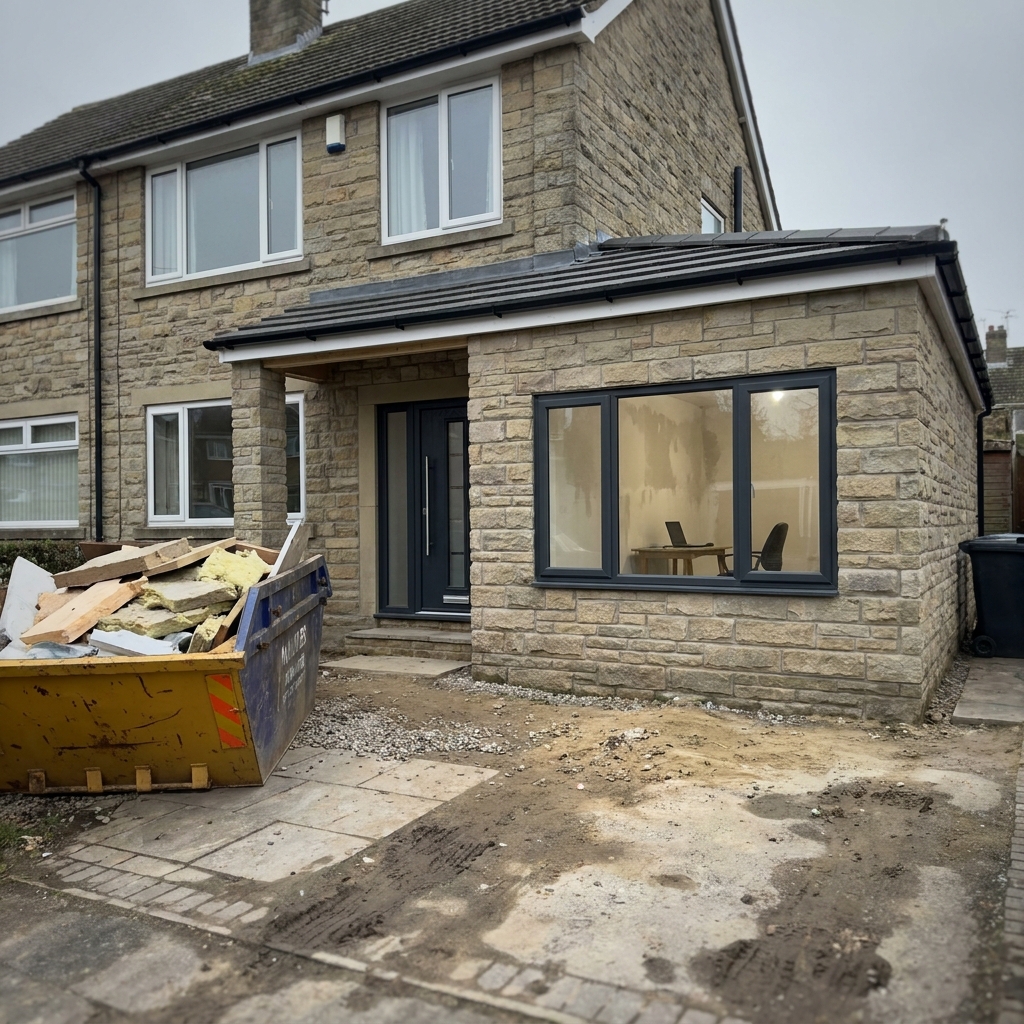 Semi-detached home with a newly built single-storey stone-clad front and side extension, anthracite windows and composite front door nearing completion.