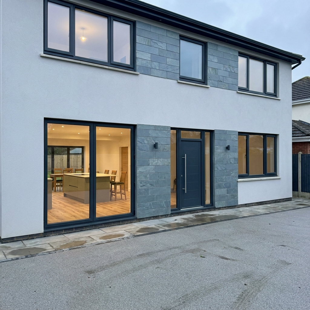 Contemporary rendered new-build home with grey riven slate feature cladding, anthracite aluminium bifold doors and sandstone paving to the front approach.