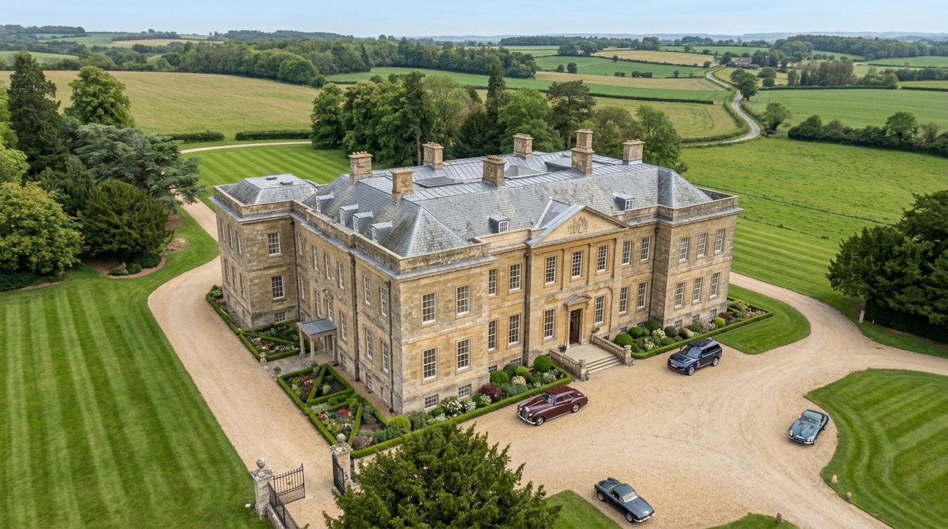Completed aerial view of a restored honey-coloured stone country manor with new lead roof, dressed stone chimneys, formal parterre gardens and sweeping gravel drive.