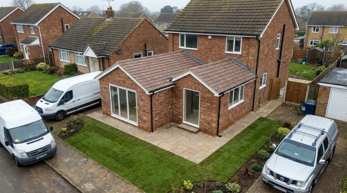 Completed wrap-around brick rear extension with pitched tiled roof, bifold doors, sandstone patio and newly laid lawn.
