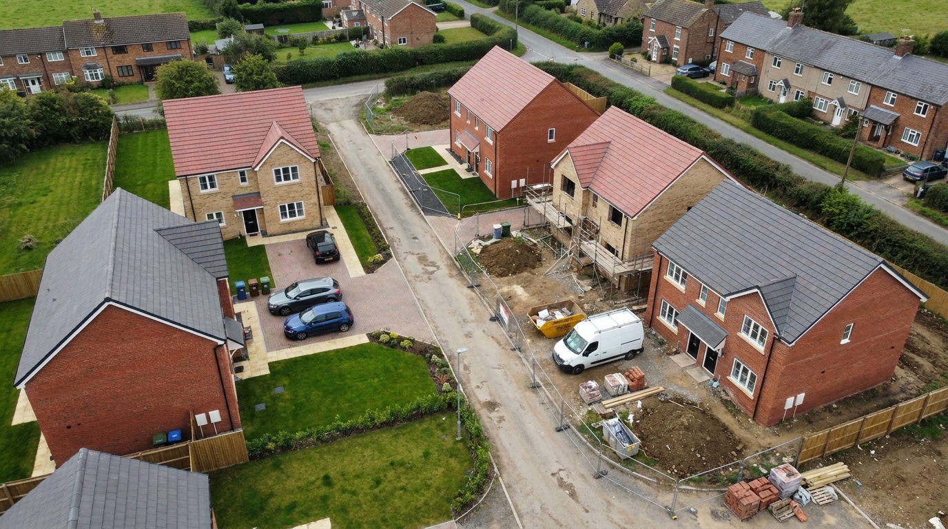 Aerial view of a small new-build housing development part-way through construction with scaffolded plots and finished homes alongside.