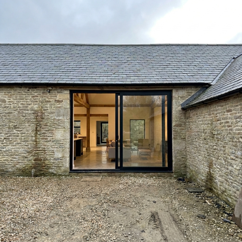 Completed traditional stone barn conversion with slate roof, large aluminium sliding doors and exposed oak frame kitchen and living space visible inside.
