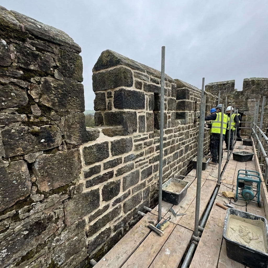 Temple Builders heritage masons carefully lime repointing the battlements of a historic stone castle from a scaffold, with fresh lime mortar joints across the merlons and crenels.