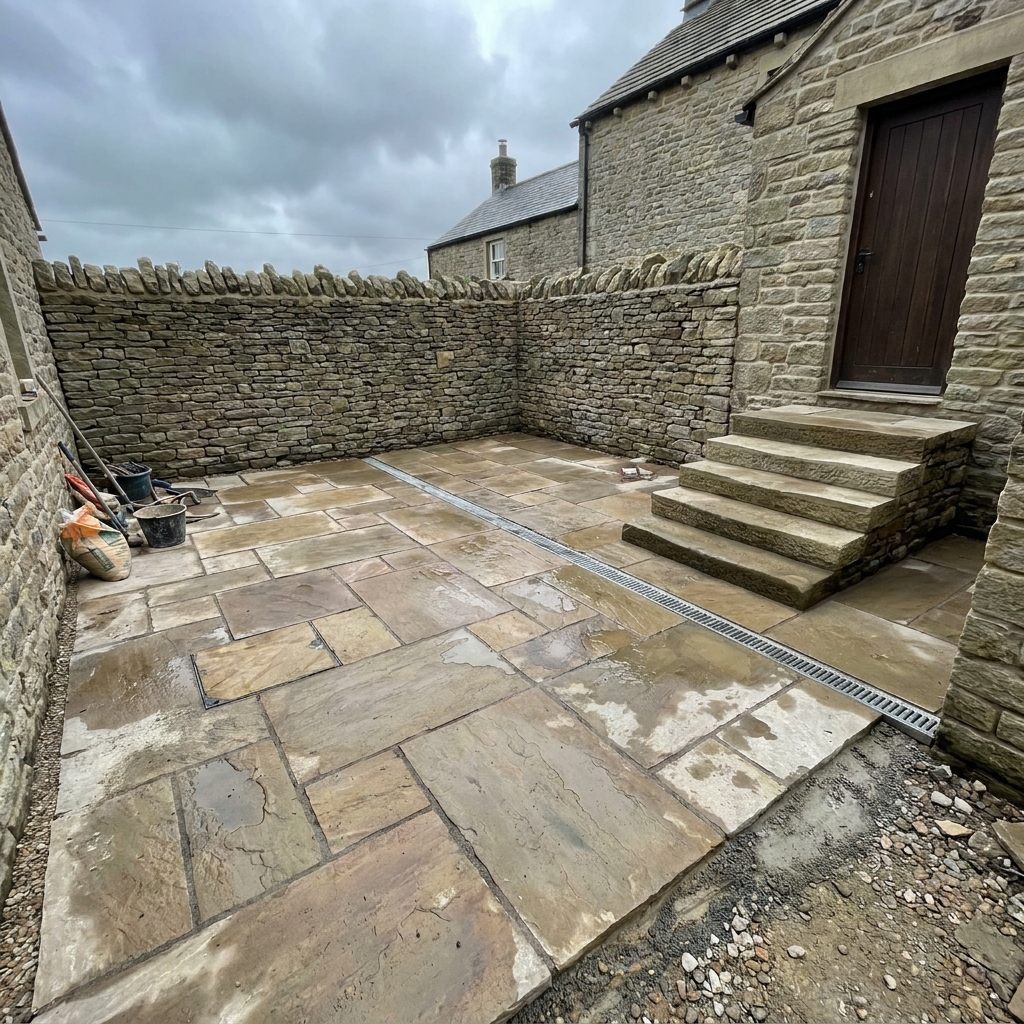 Enclosed rear courtyard with new Indian sandstone paving, linear drainage channel, hand-built dry stone boundary wall and stone step detail to the back door.