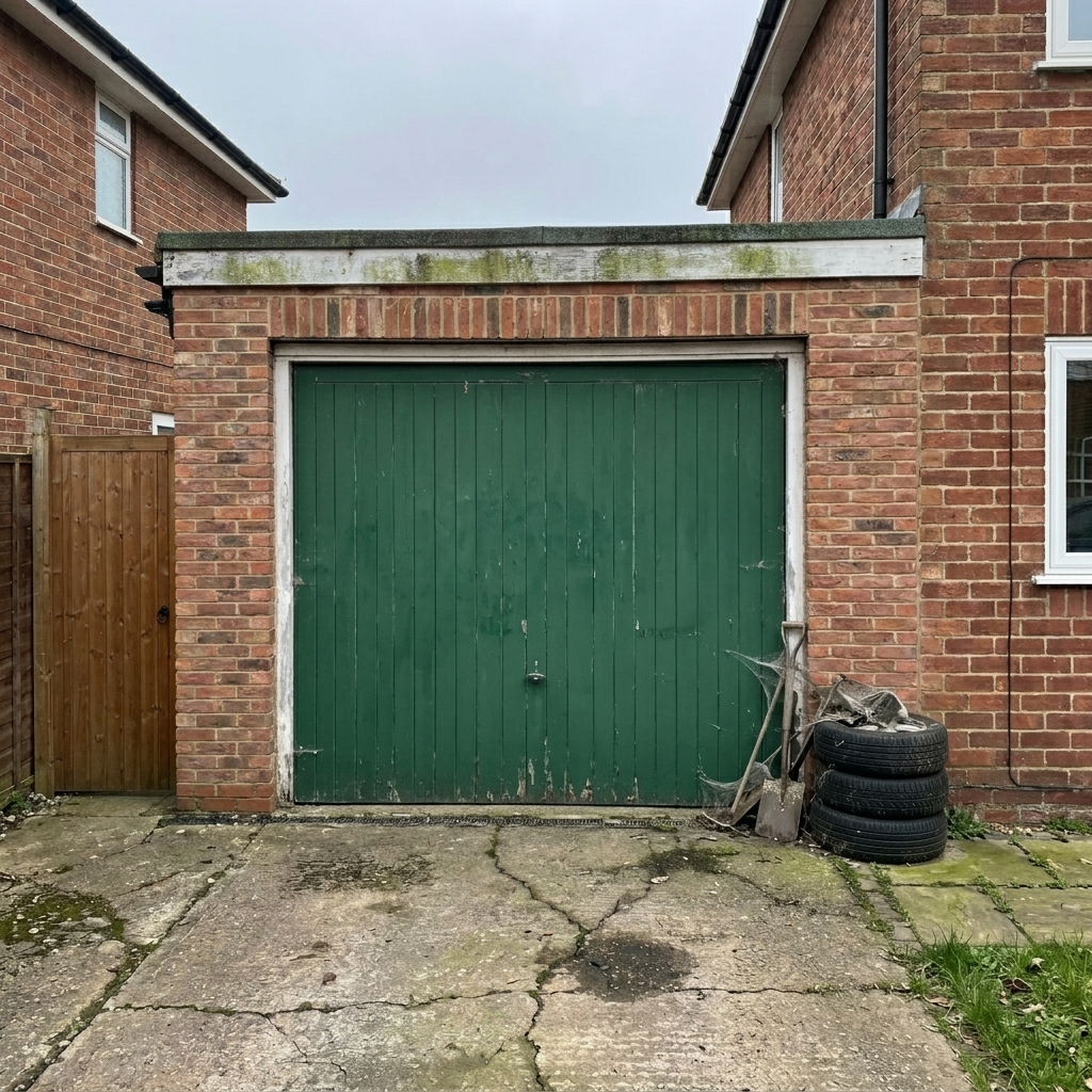Original single brick garage with tired green timber up-and-over door prior to garage conversion works.