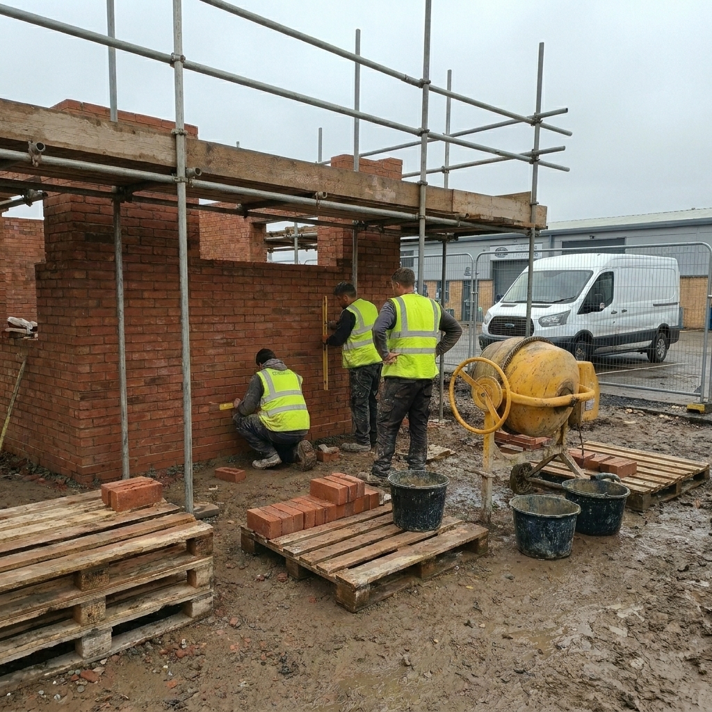 Temple Builders bricklayers building a red brick wall on site, working off scaffold with a level and cement mixer behind.