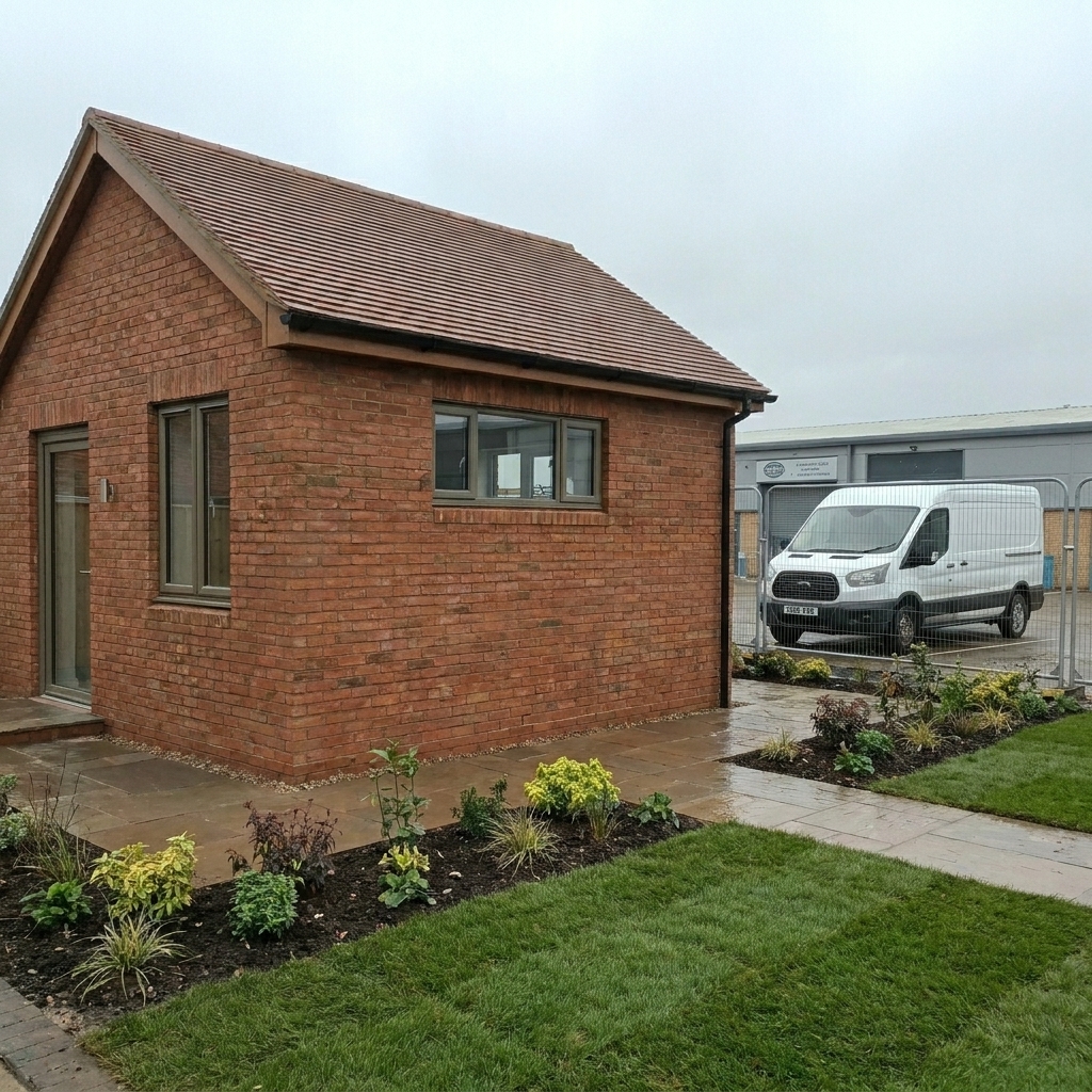 Completed detached brick garden room with pitched tiled roof, sandstone paving and freshly planted beds.