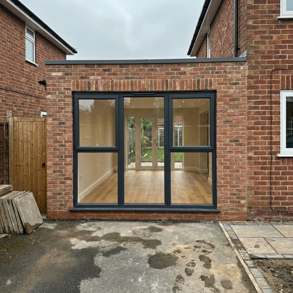 Newly completed flat roof red brick rear extension with three-panel anthracite aluminium French doors opening onto the rear garden.