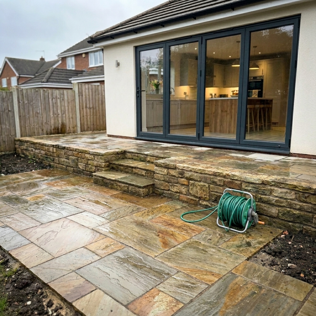 Newly laid rustic Indian sandstone patio with hand-built dry stone retaining wall and steps leading up to anthracite aluminium bifold doors of a modern kitchen extension.