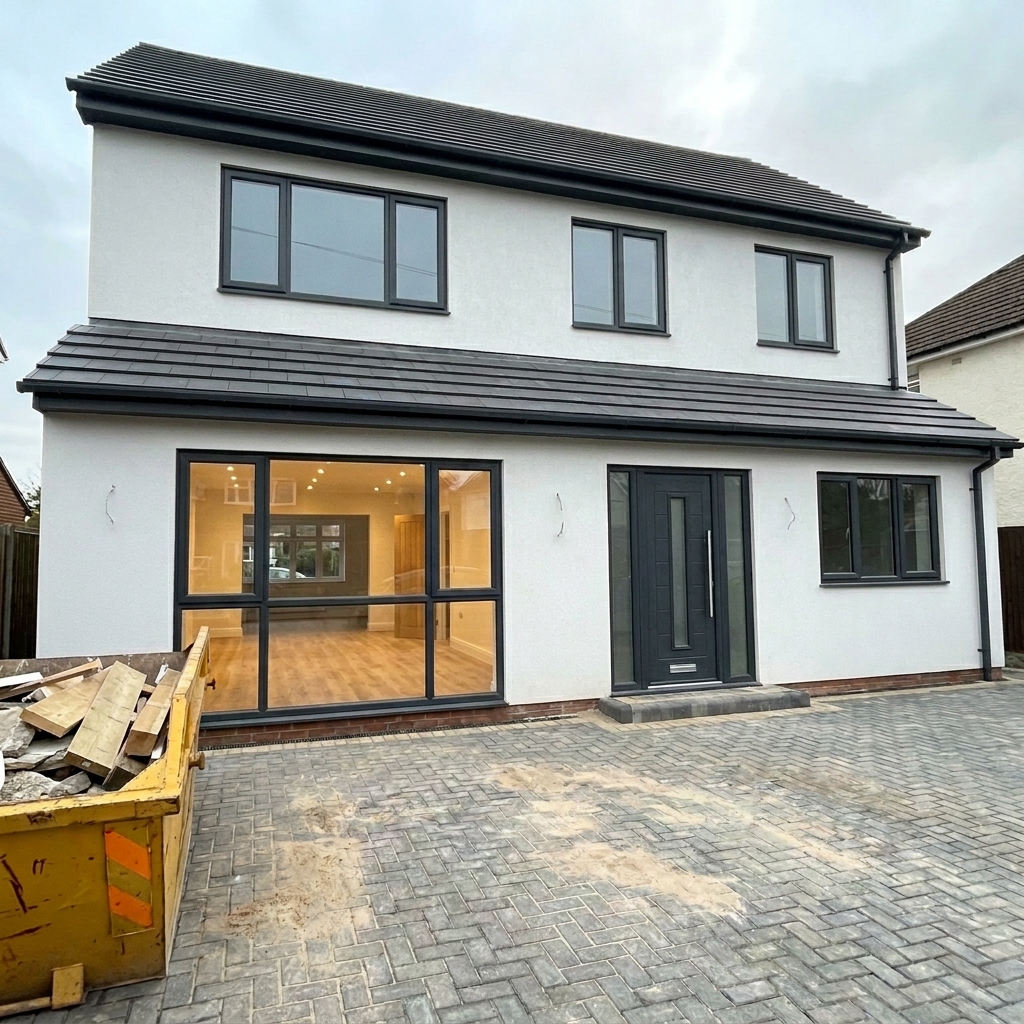 Contemporary white rendered two-storey new-build home with full-height aluminium glazing, anthracite windows and a herringbone block-paved driveway.