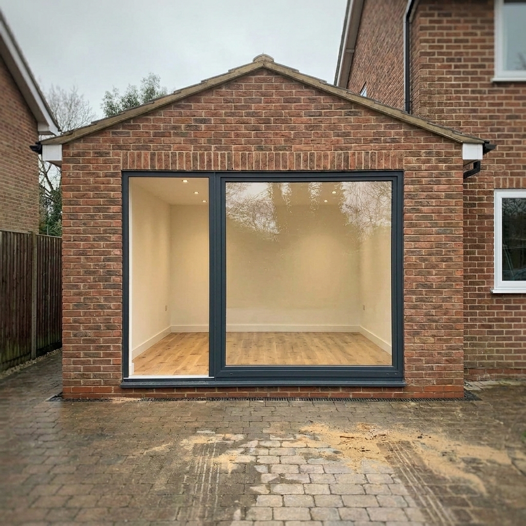 Completed pitched-roof brick rear extension with an oversized full-height anthracite aluminium picture window and block-paved rear yard.