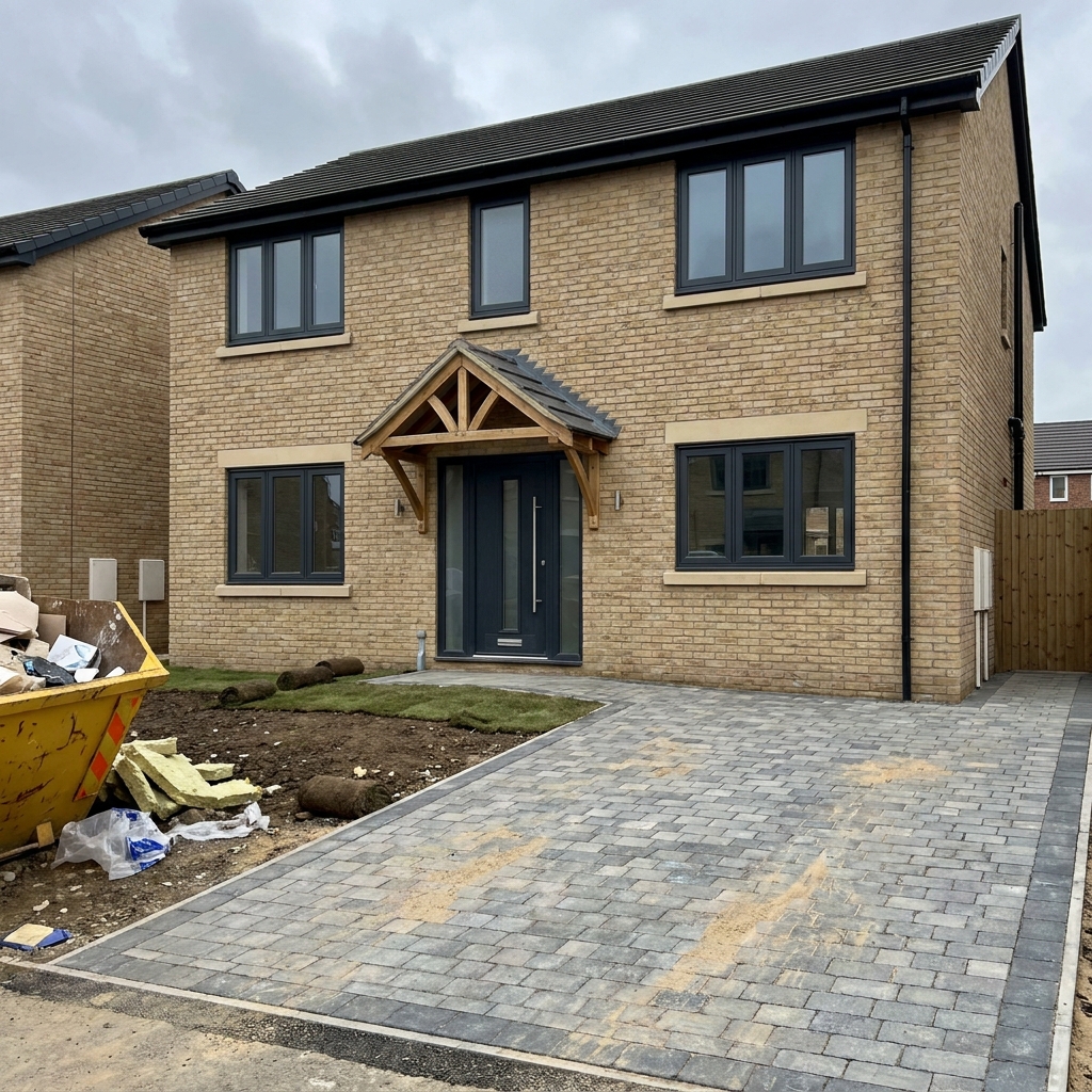 Newly completed detached brick new-build home with oak-framed porch, composite front door, block-paved driveway and fresh turf being laid to the front garden.