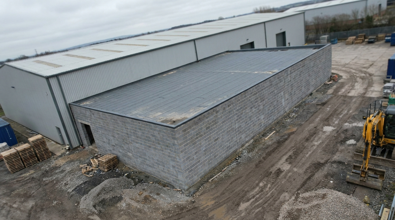 Aerial drone view of a completed large commercial warehouse build with concrete blockwork walls and a finished flat roof beside existing industrial sheds.