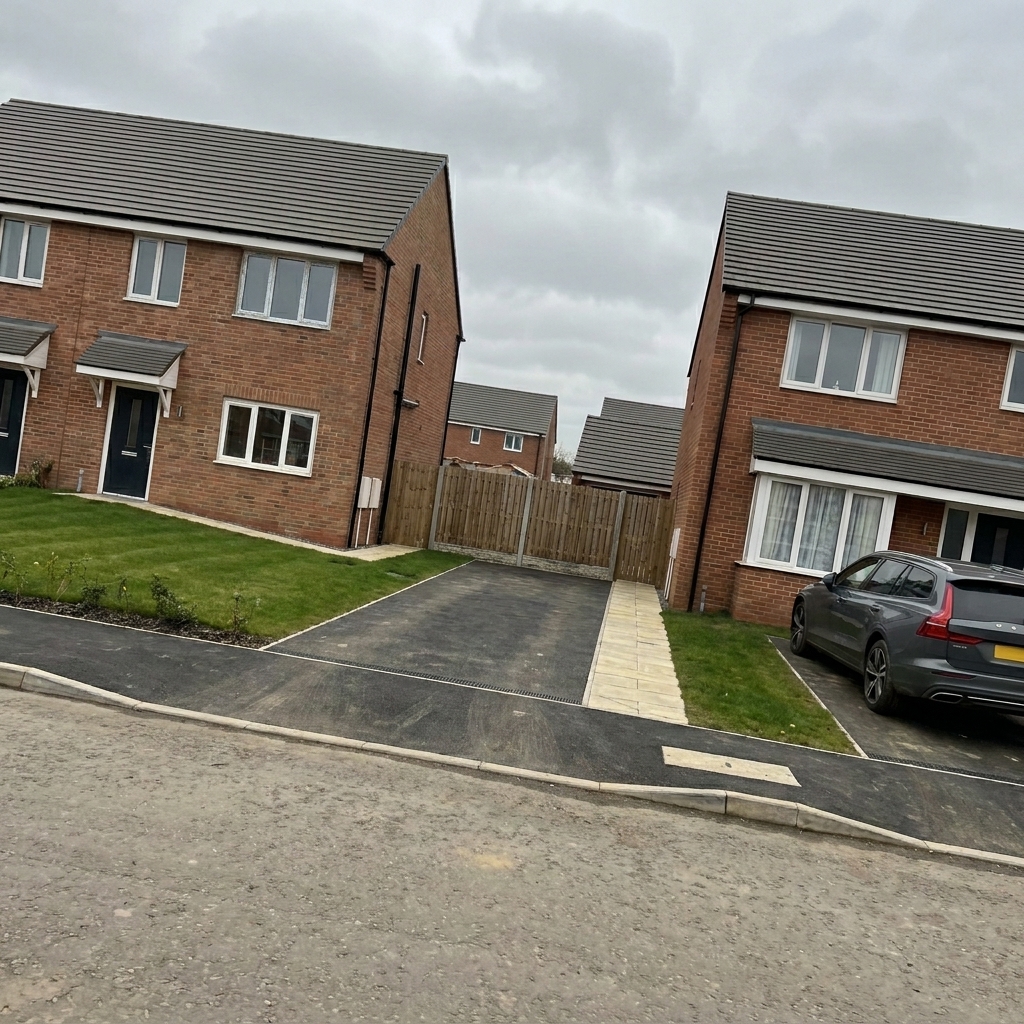 Completed new-build semi-detached homes with smooth tarmac driveway, sandstone path and turfed front gardens.