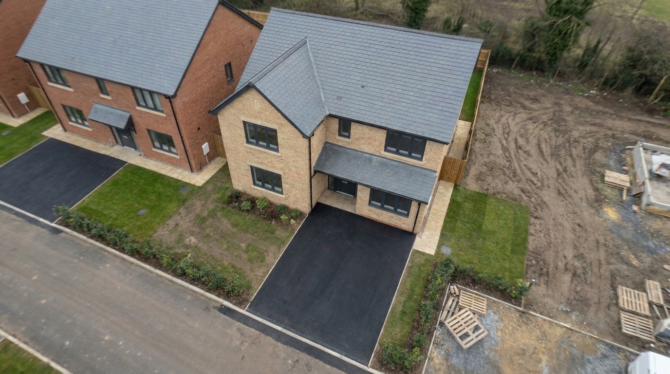 Aerial view of a completed detached new-build home with fresh tarmac driveway, block-paved edging path, laid lawn and planted borders.
